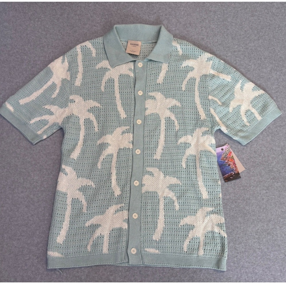Massive Luxury Mens Knit Crochet Palm Tree Shirt Sage Green Cotton Button Down L
